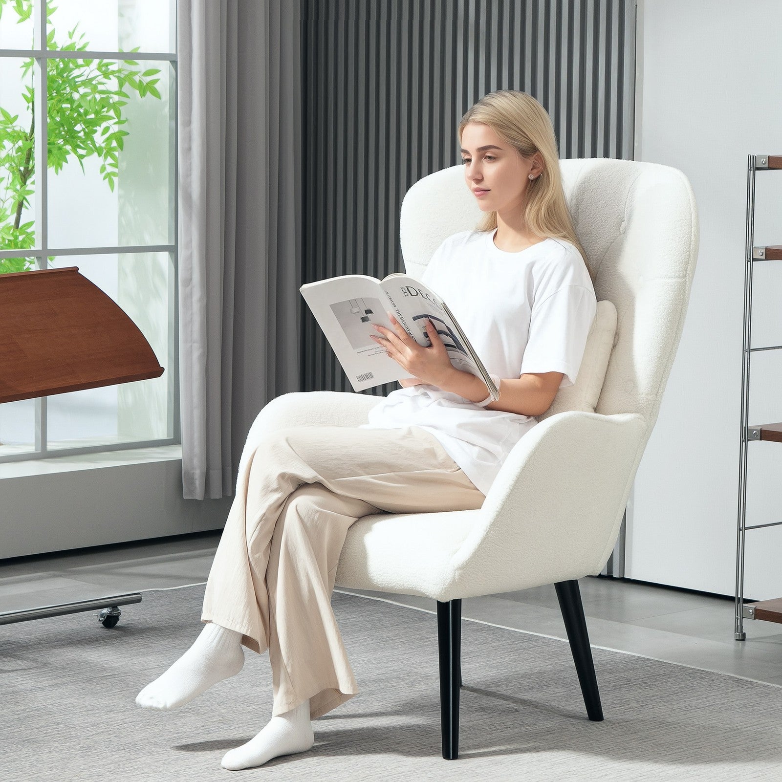 HOMCOM Sessel Loungesessel Mit Kissen Geplostert Teddy Sessel Mit Holzbeine Weiß