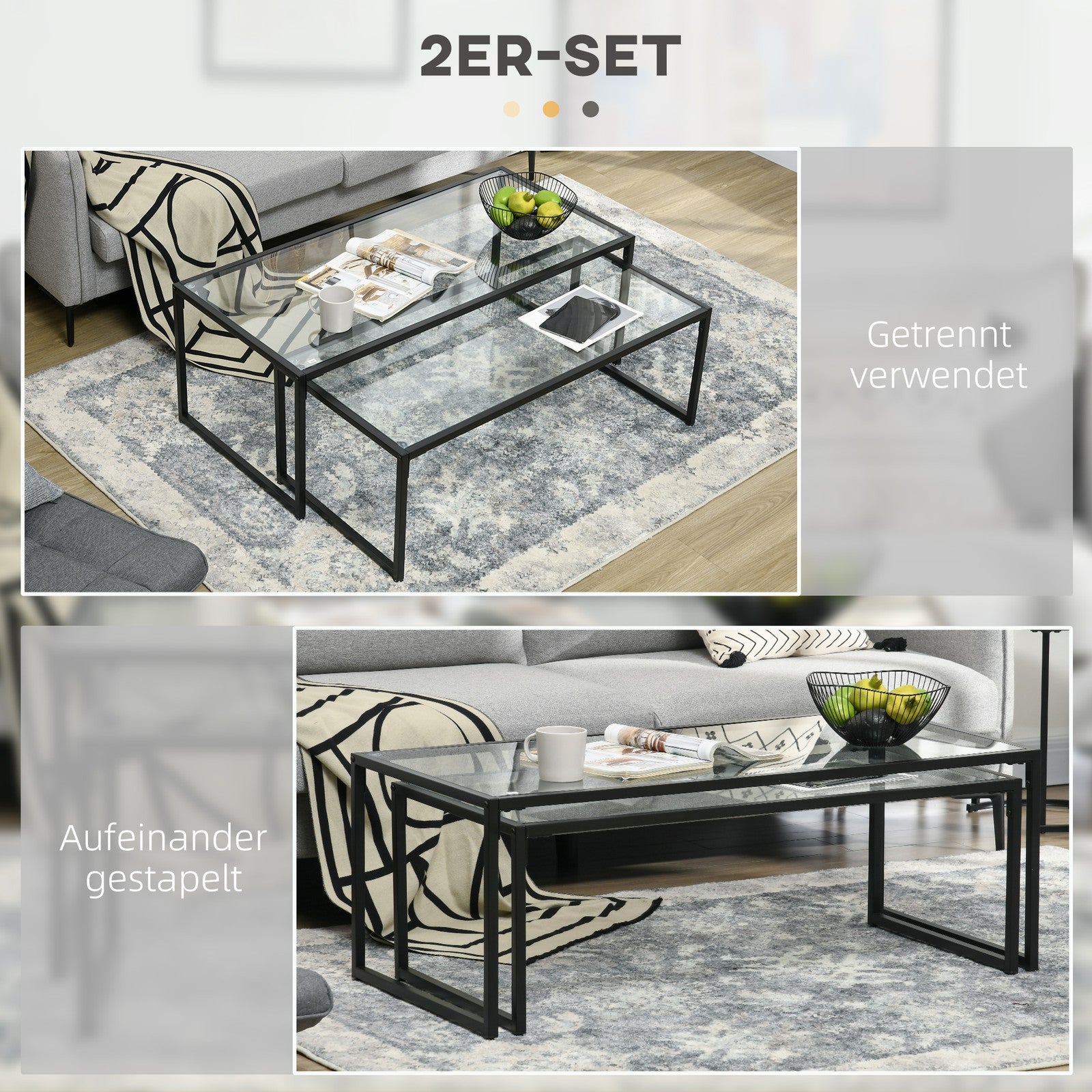 HOMCOM Couchtisch 2Er-Set Beistelltisch, Kaffeetisch, Satztisch, Stahl, Schwarz