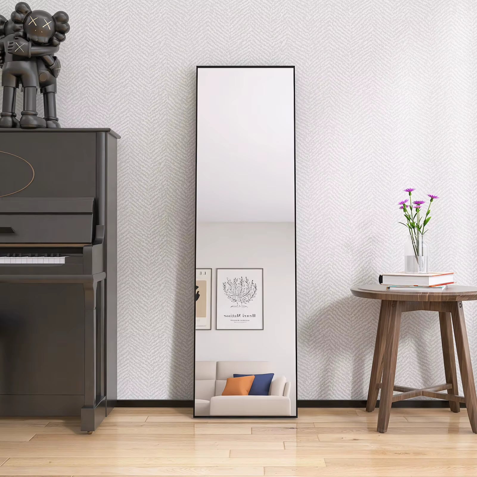 Tempered Glass Floor Mirror 140X40Cm Black