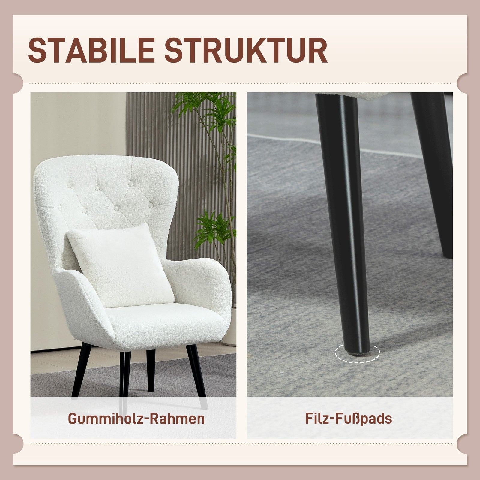 HOMCOM Sessel Loungesessel Mit Kissen Geplostert Teddy Sessel Mit Holzbeine Weiß