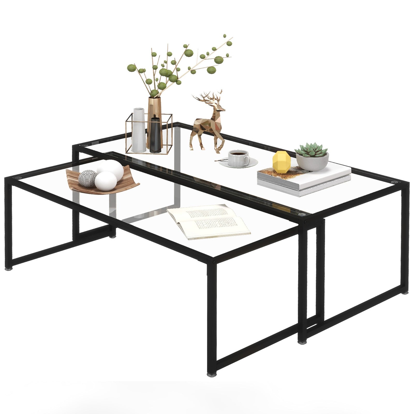 HOMCOM Couchtisch 2Er-Set Beistelltisch, Kaffeetisch, Satztisch, Stahl, Schwarz