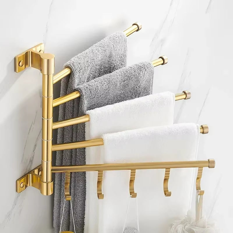 Golden Light Luxury Aluminum Wall Mounted Rotating Towel Rack Bath Rail Hanger Towel Holder Bathroom Accessories Storage Rack