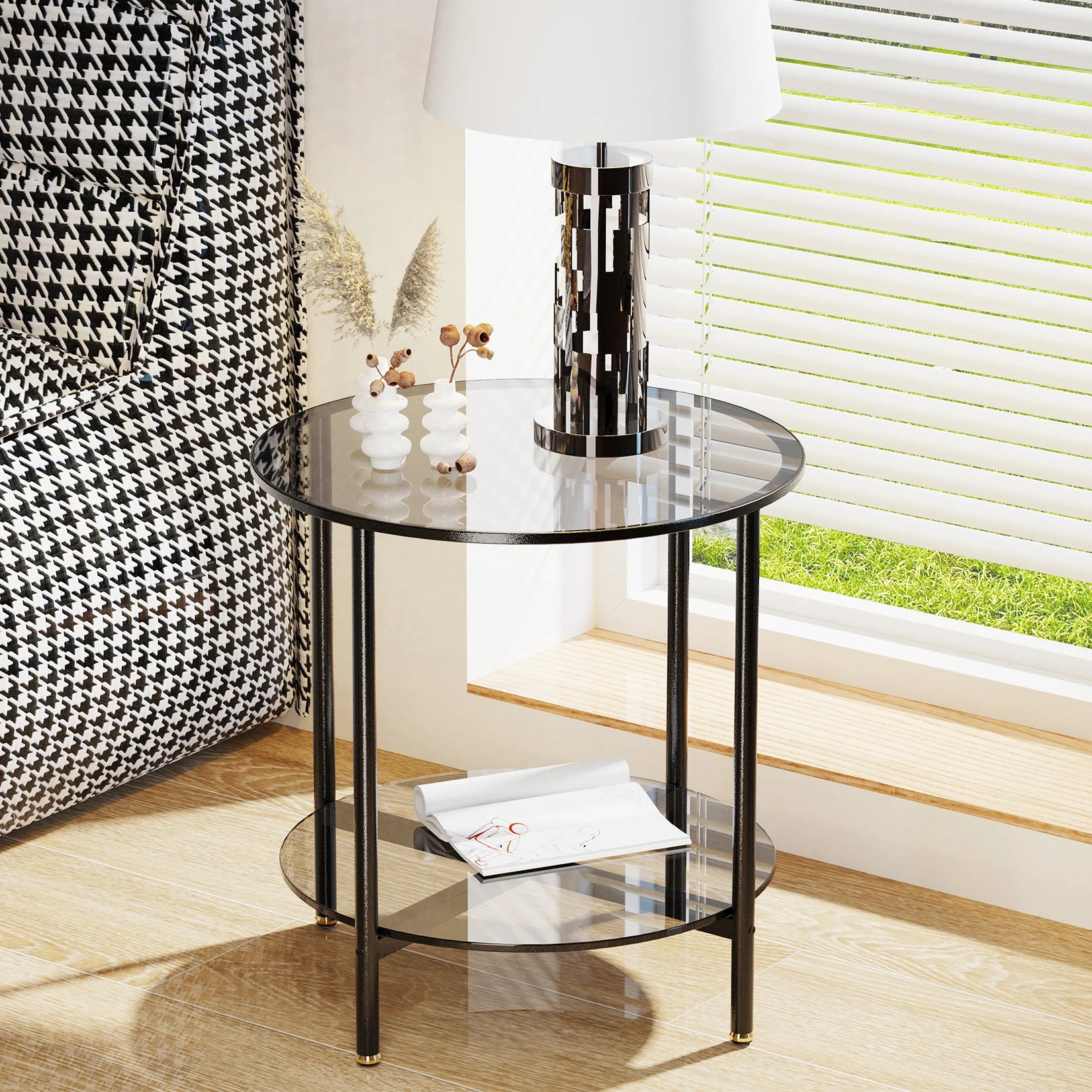 20” round Coffee Table with Storage 2-Tier, Accent Table,Cocktail Table with Tempered Glass Top