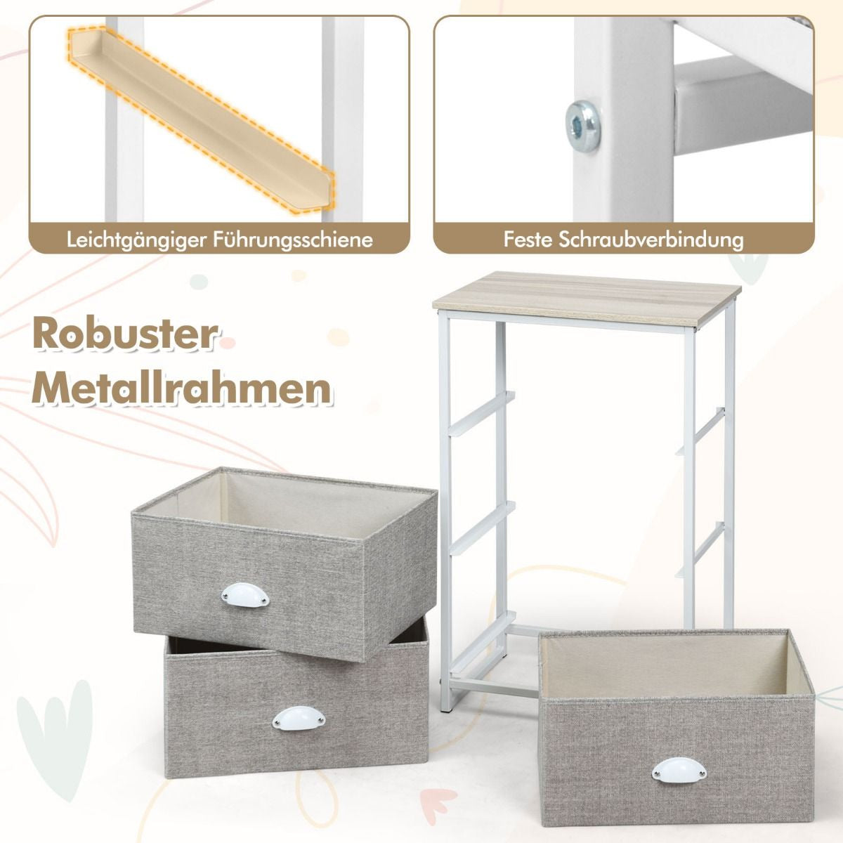 Kommode Mit 3 Schubladen Stoffkommode Mit Metallgestell & Tischplatte 45 X 30 X 73 Cm Weiß + Hellgrau