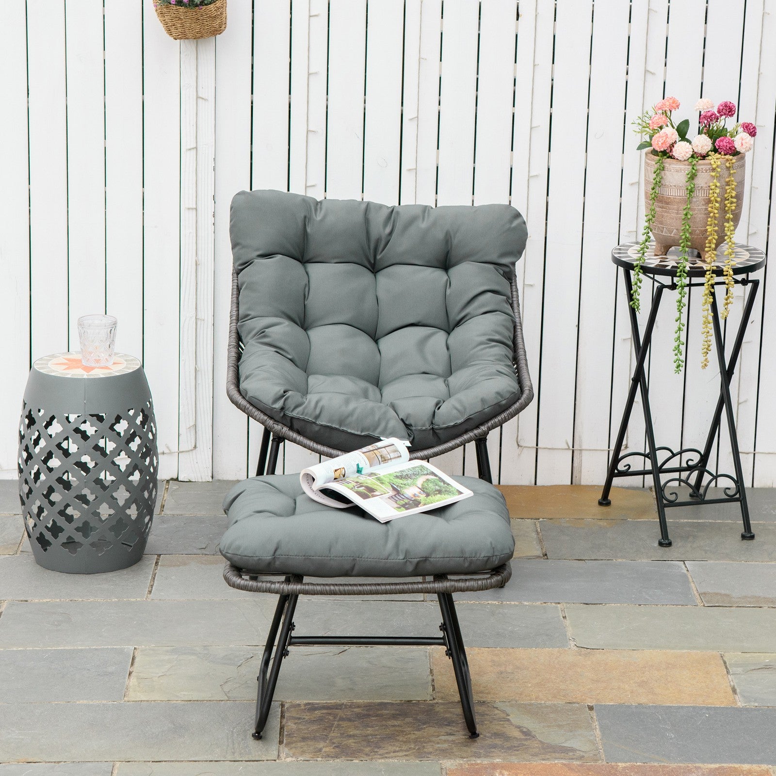 Rattan Relaxsessel Mit Fußhocker Kissen Gartensessel Outdoor Stahl Grau