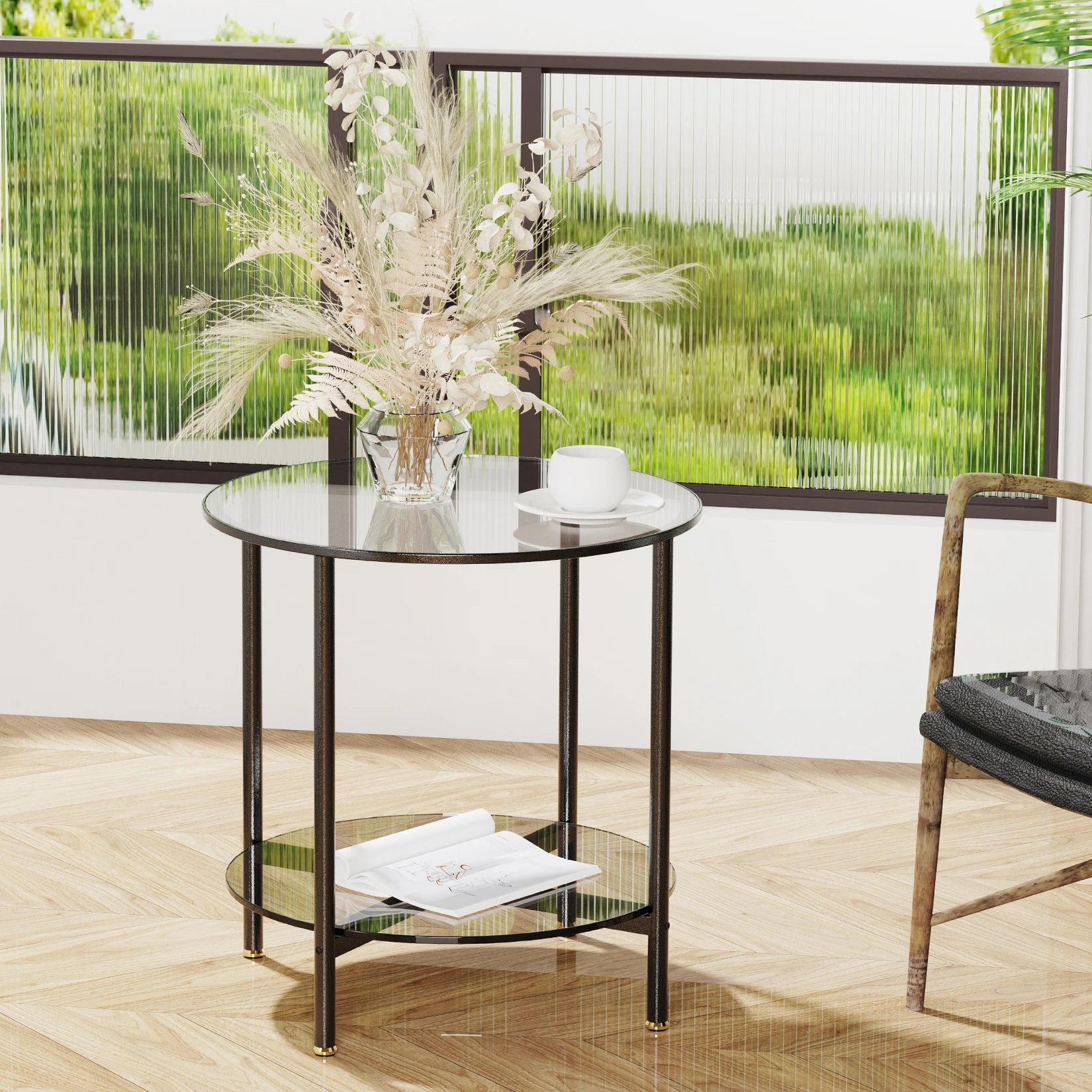 20” round Coffee Table with Storage 2-Tier, Accent Table,Cocktail Table with Tempered Glass Top