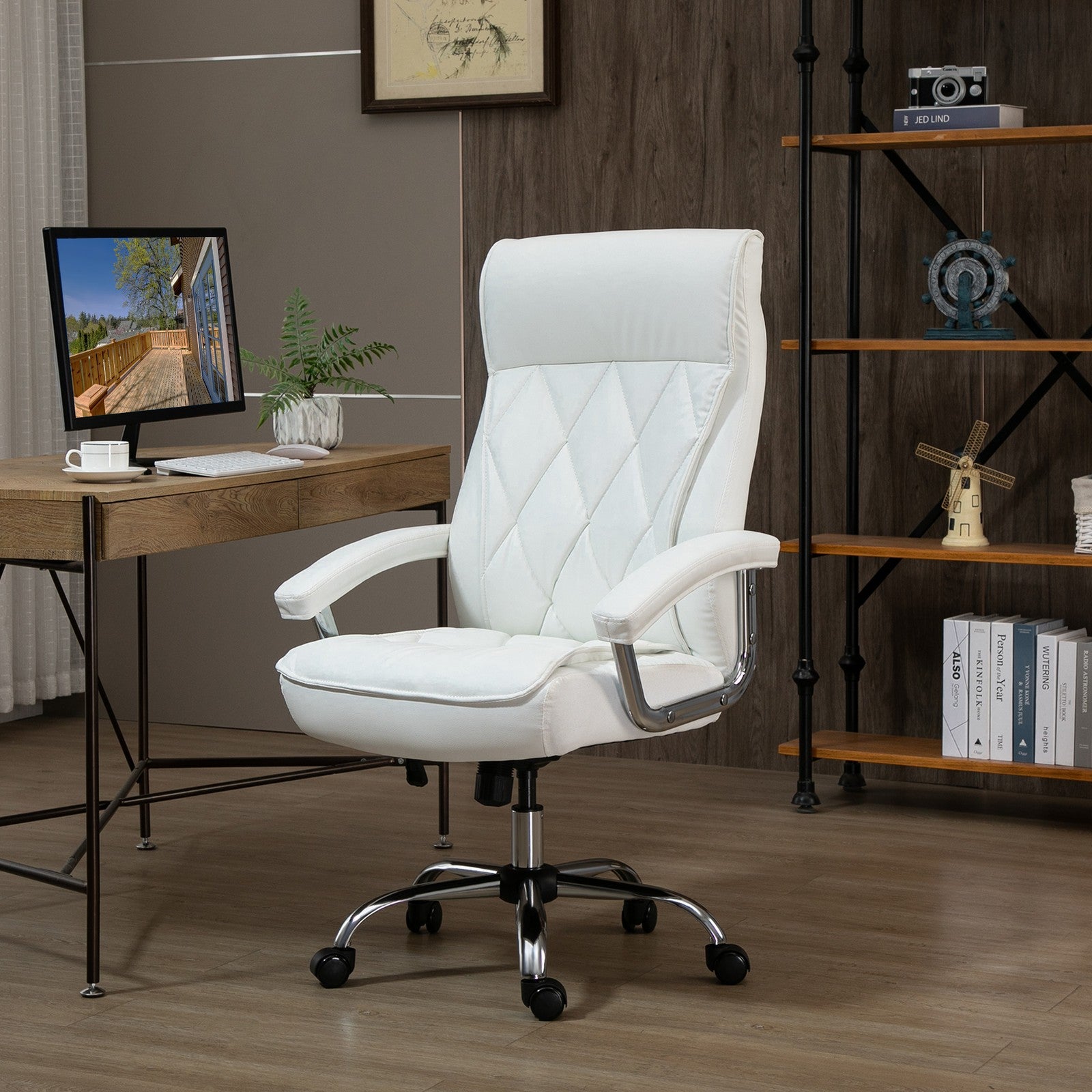 Vinsetto Bürostuhl Drehstuhl Einstellbar Rautenmuster Modern Pu-Kunstleder Weiß
