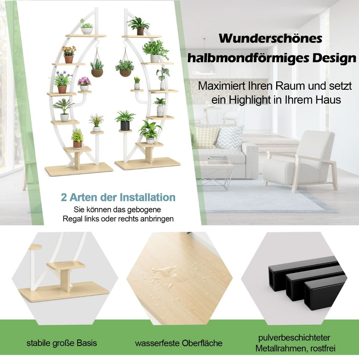 2Er Set 6-Stufiger Metall-Pflanzenständer in Halbmondform Mit 2 Kleine Ablagen & Haken Weiß