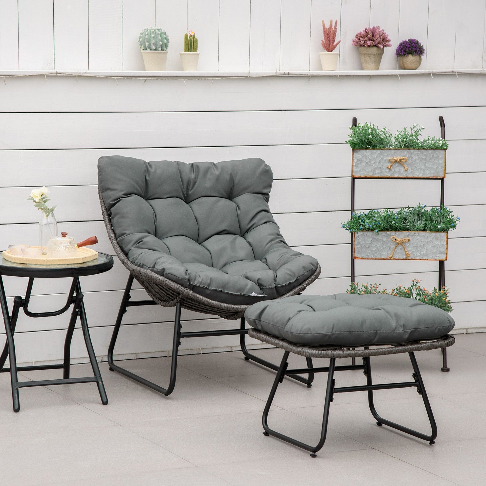 Rattan Relaxsessel Mit Fußhocker Kissen Gartensessel Outdoor Stahl Grau