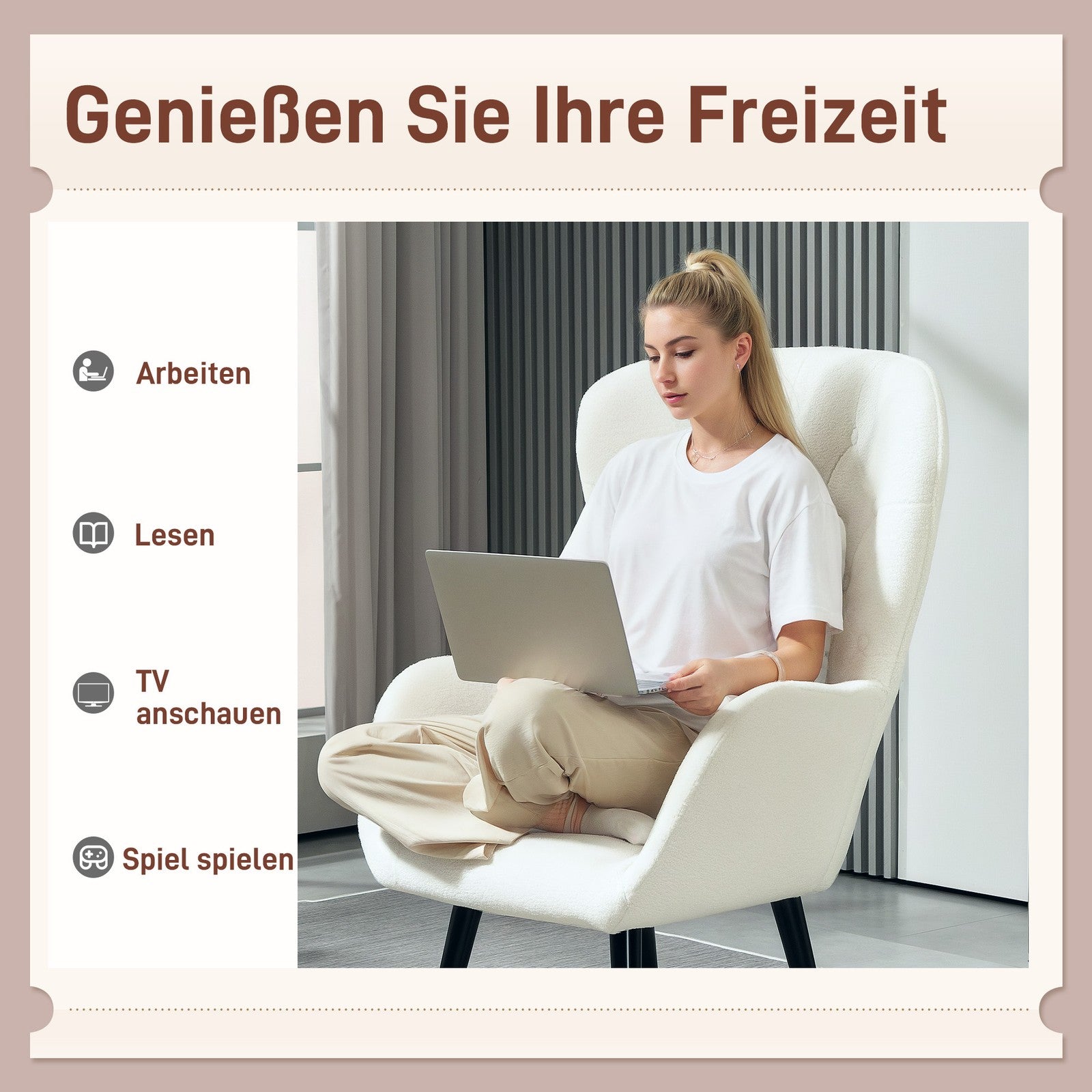 HOMCOM Sessel Loungesessel Mit Kissen Geplostert Teddy Sessel Mit Holzbeine Weiß