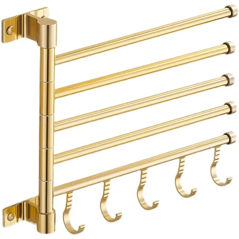 Golden Light Luxury Aluminum Wall Mounted Rotating Towel Rack Bath Rail Hanger Towel Holder Bathroom Accessories Storage Rack