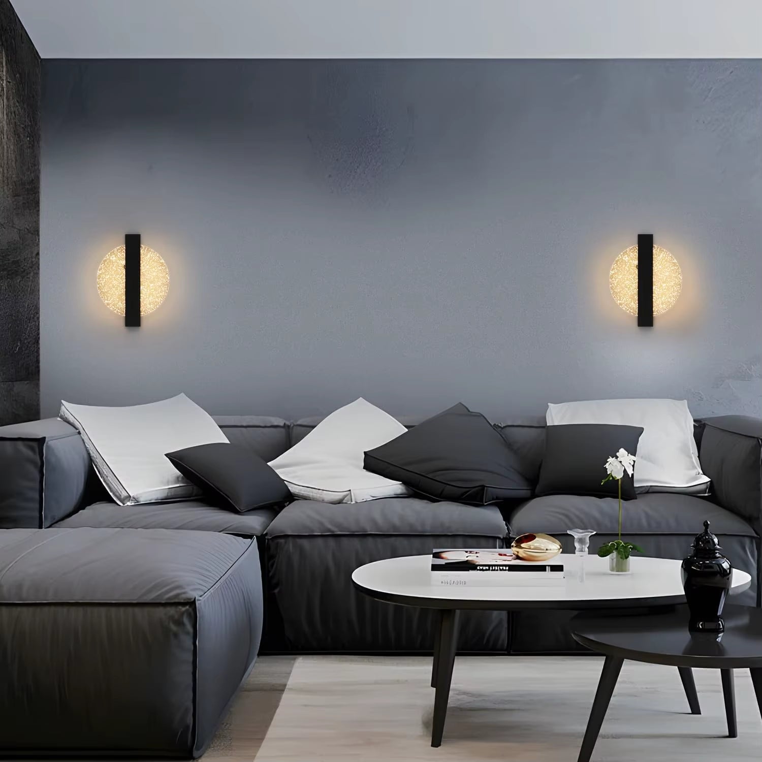 Modern LED Wall Light with Silver Leaf, round Black, Acrylic, Warm Light 3500K, for Bedroom Living Room