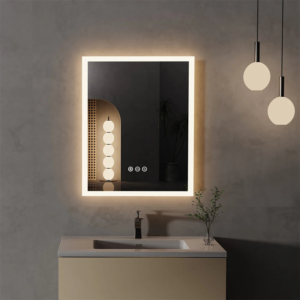 LED Mirror Bathroom Wall Mounted Smart Touch Vanity Makeup Mirror with 3 Color Dimmable Defog
