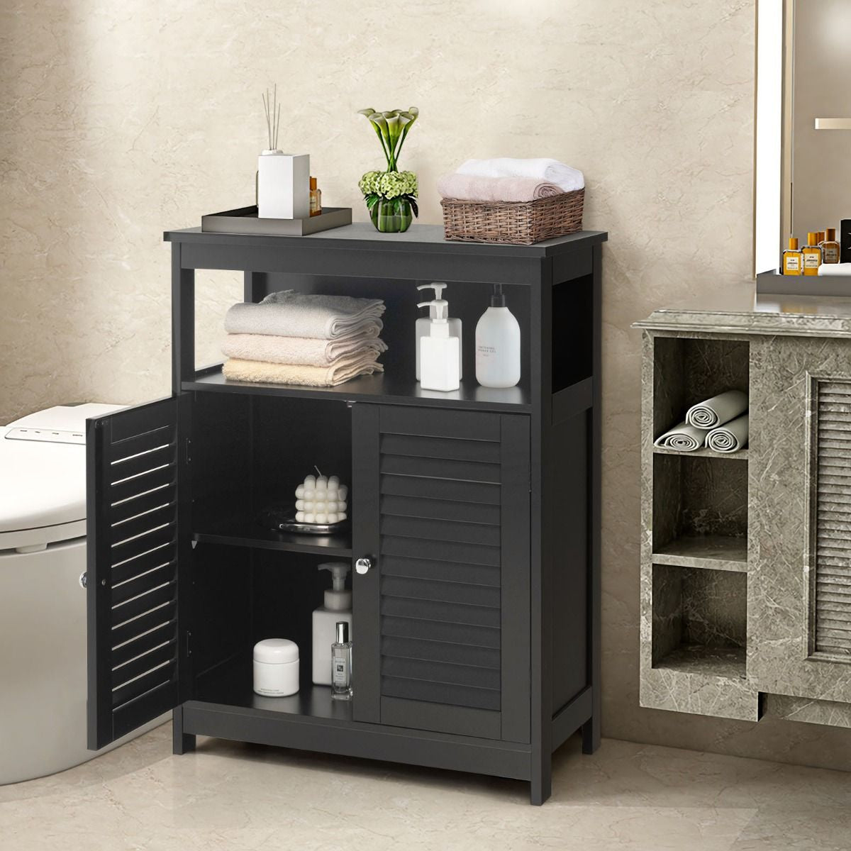 Badezimmer Schrank Freistehender Badschrank Aufbewahrungsschrank Grau/Schwarz/Weiß