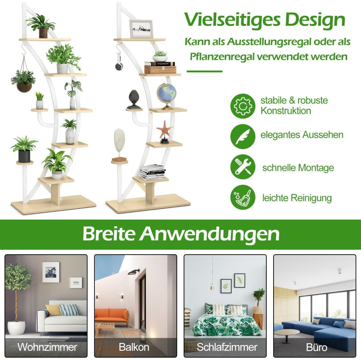 2Er Set 6-Stufiger Metall-Pflanzenständer in Halbmondform Mit 2 Kleine Ablagen & Haken Weiß