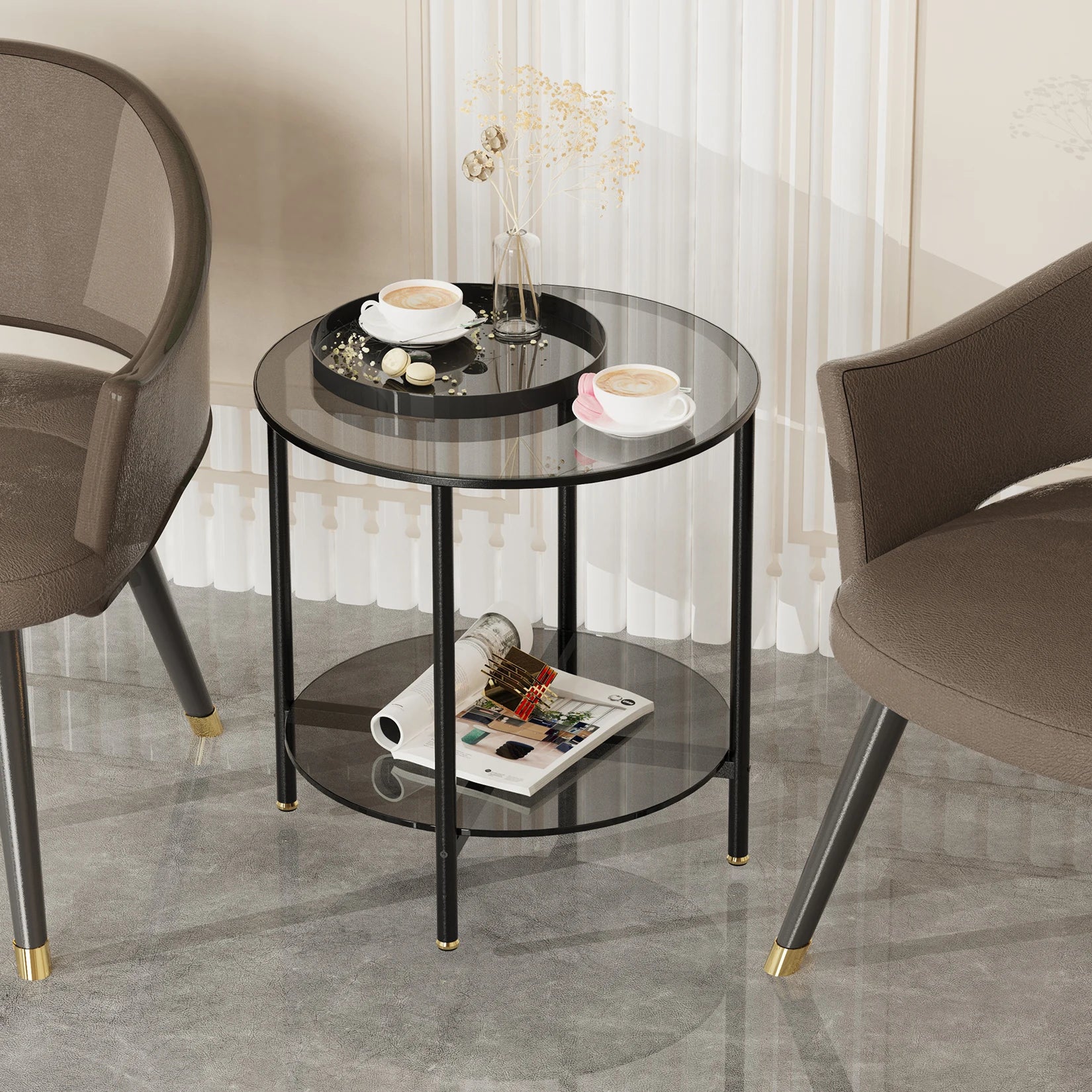 20” round Coffee Table with Storage 2-Tier, Accent Table,Cocktail Table with Tempered Glass Top