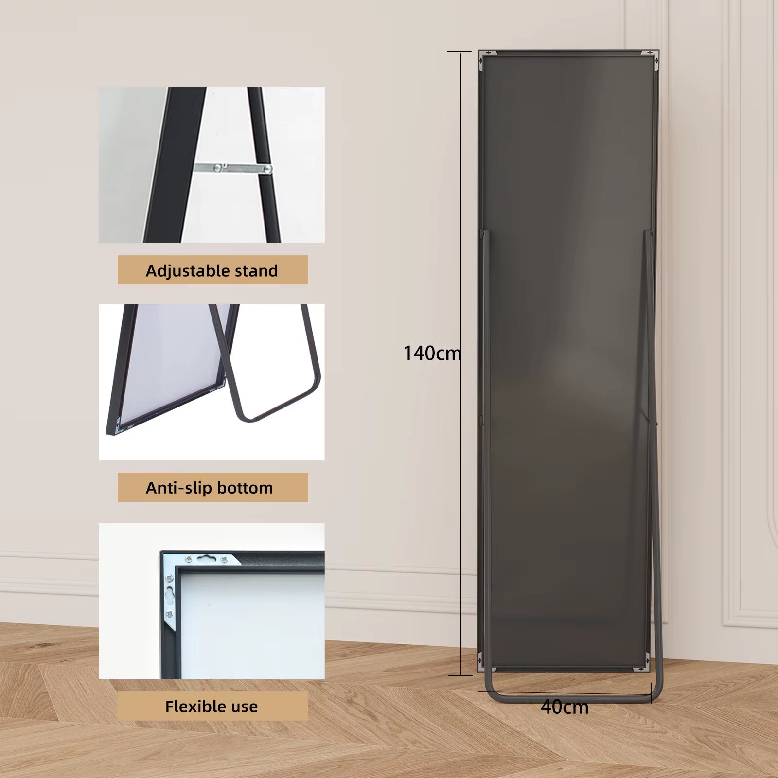 Tempered Glass Floor Mirror 140X40Cm Black
