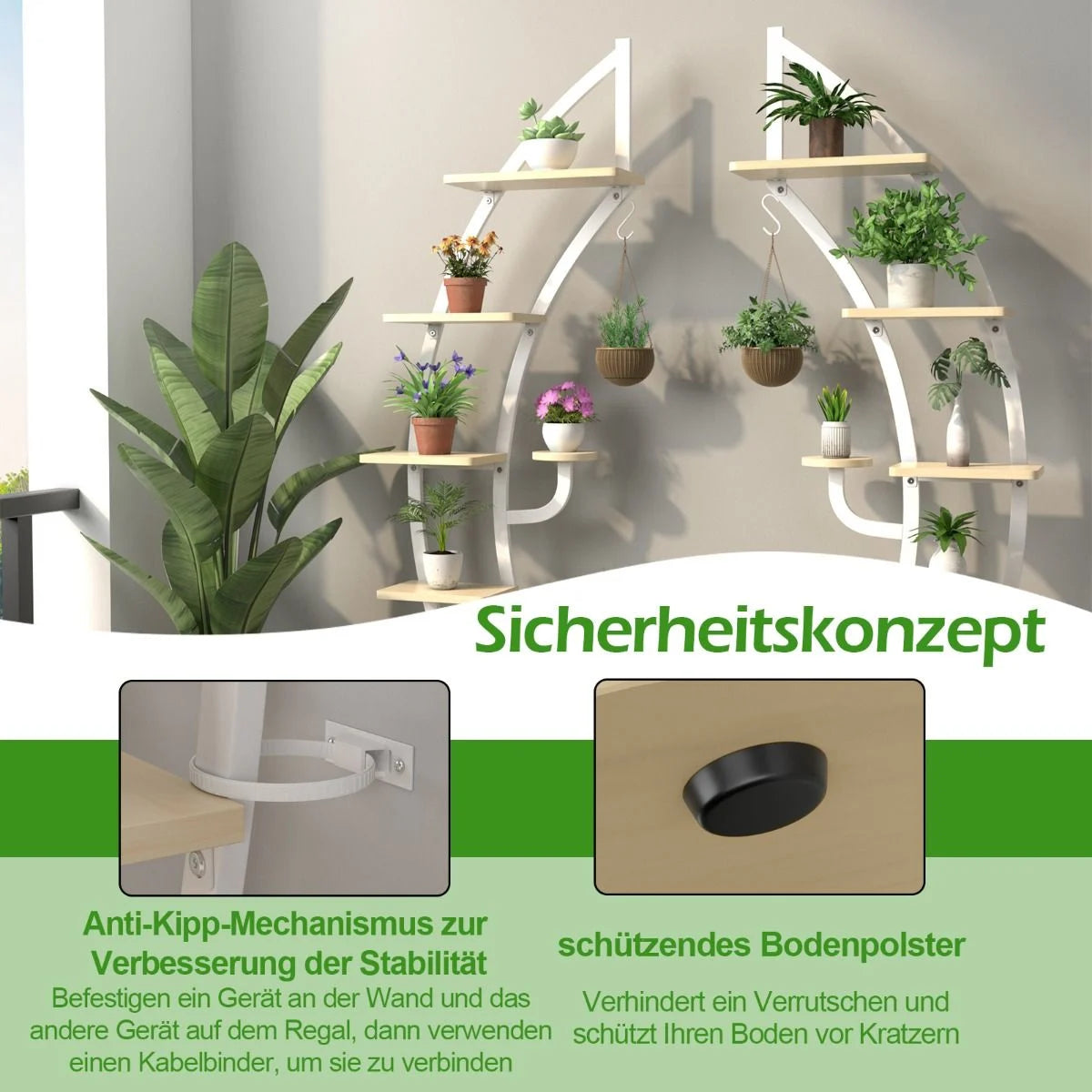 2Er Set 6-Stufiger Metall-Pflanzenständer in Halbmondform Mit 2 Kleine Ablagen & Haken Weiß