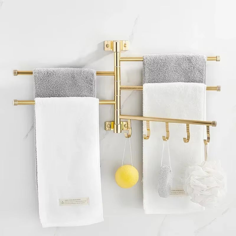 Golden Light Luxury Aluminum Wall Mounted Rotating Towel Rack Bath Rail Hanger Towel Holder Bathroom Accessories Storage Rack
