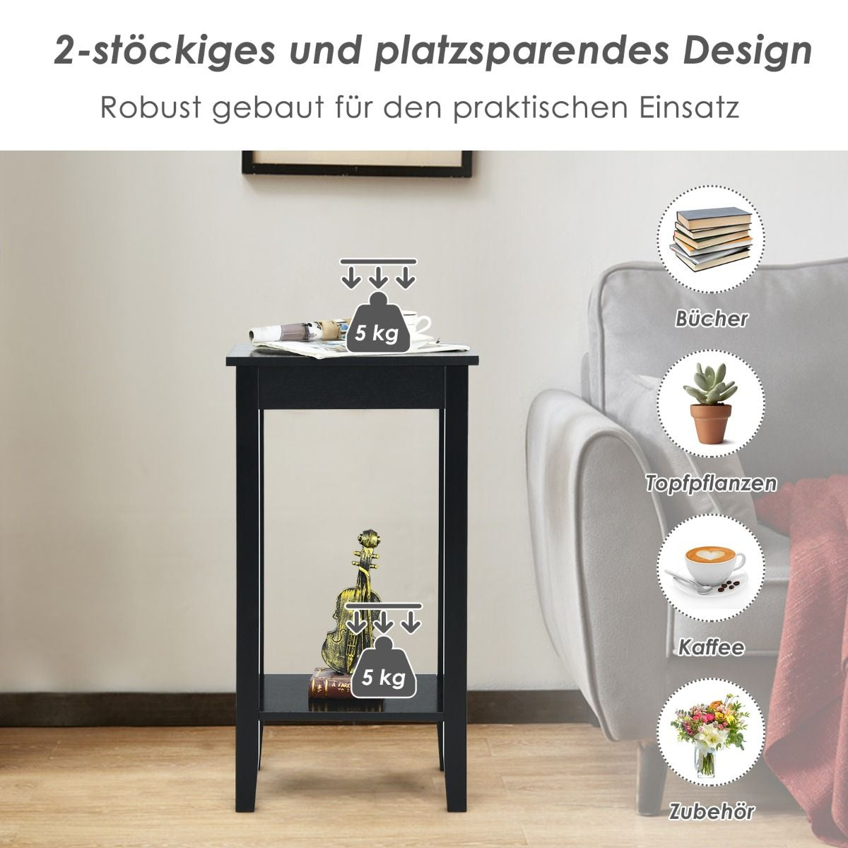 Vielseitiger 2-Stöckiger Hoher Beistelltisch Rechteckiger Couchtisch Schwarz