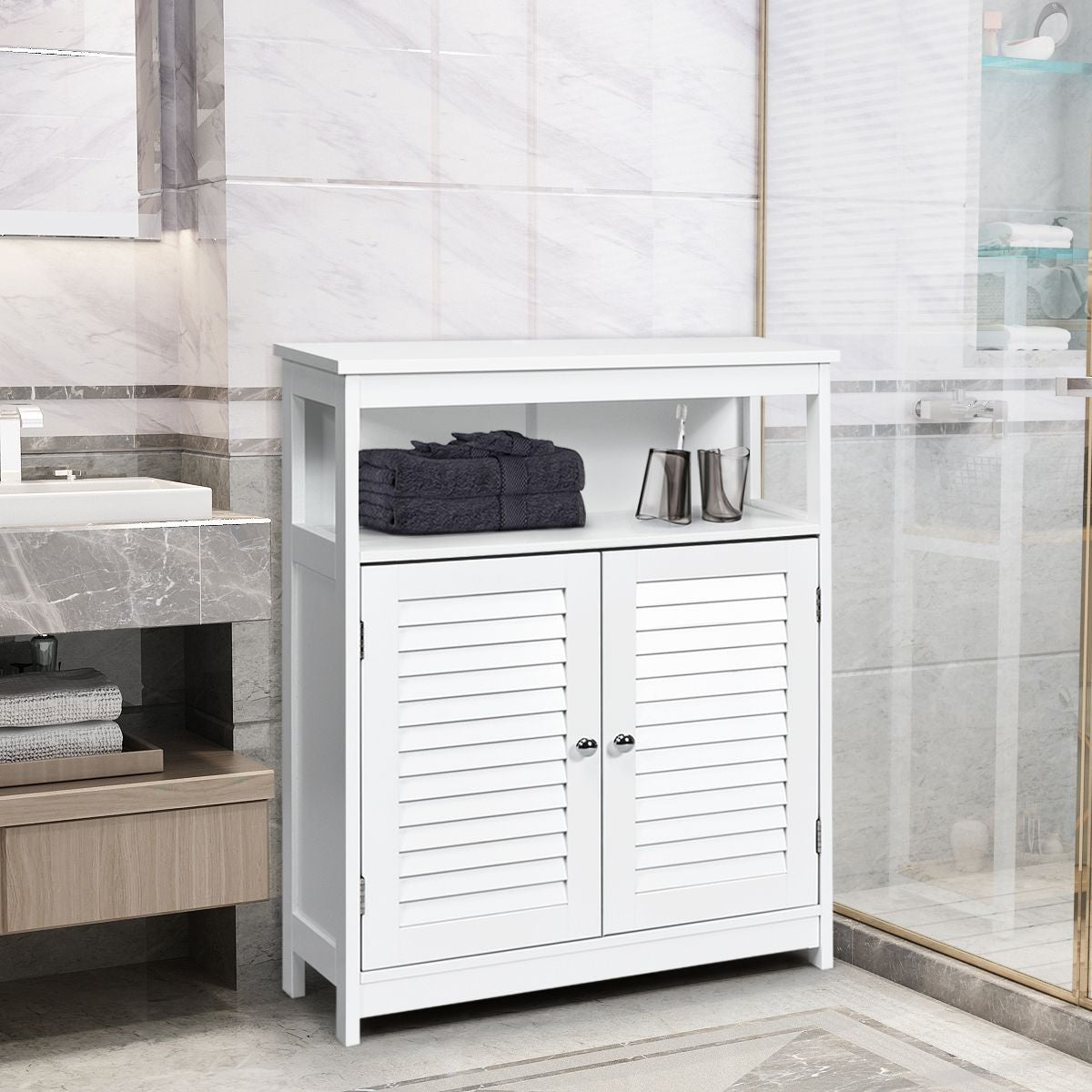 Badezimmer Schrank Freistehender Badschrank Aufbewahrungsschrank Grau/Schwarz/Weiß