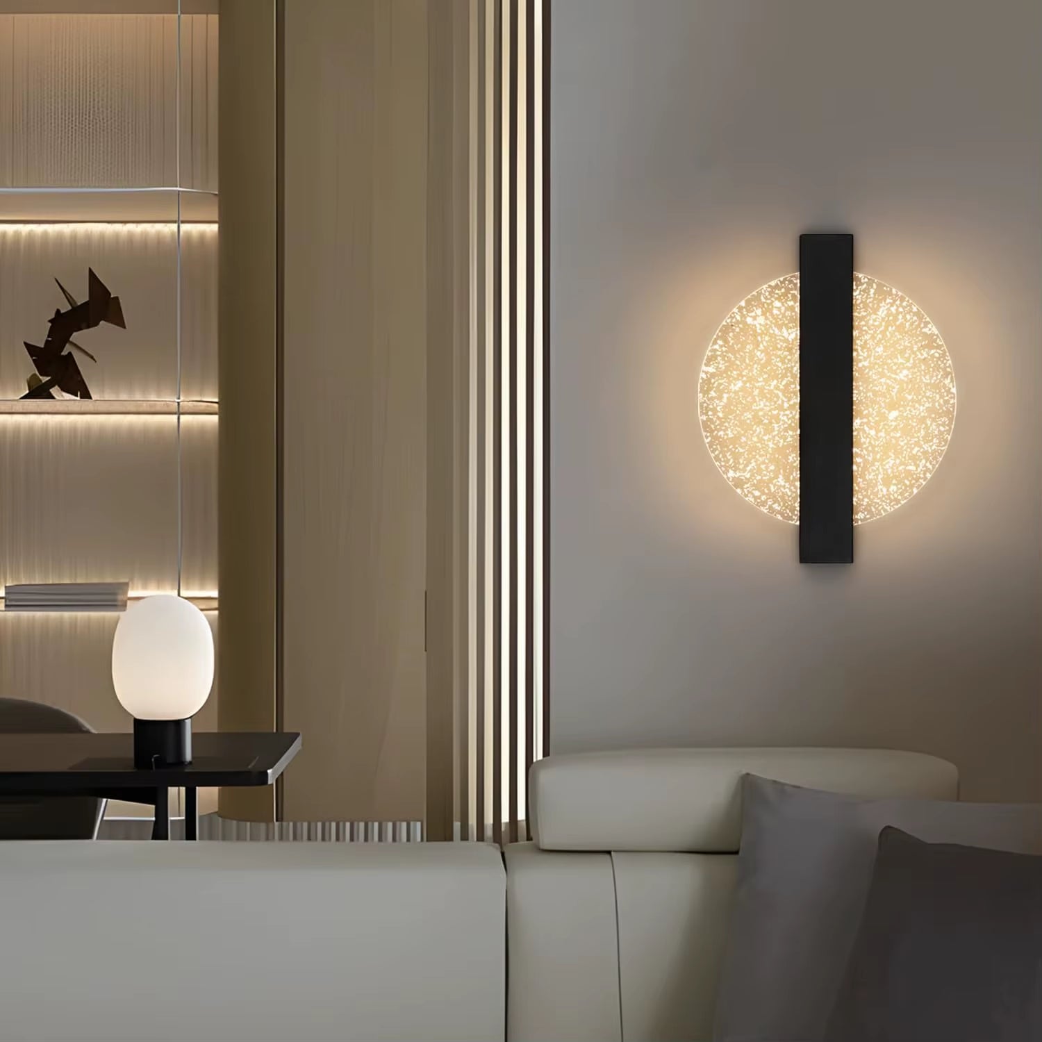 Modern LED Wall Light with Silver Leaf, round Black, Acrylic, Warm Light 3500K, for Bedroom Living Room