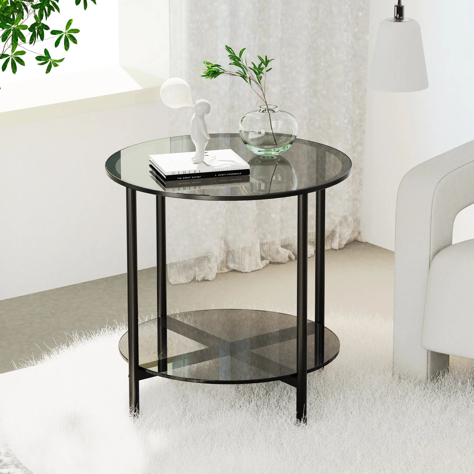 20” round Coffee Table with Storage 2-Tier, Accent Table,Cocktail Table with Tempered Glass Top