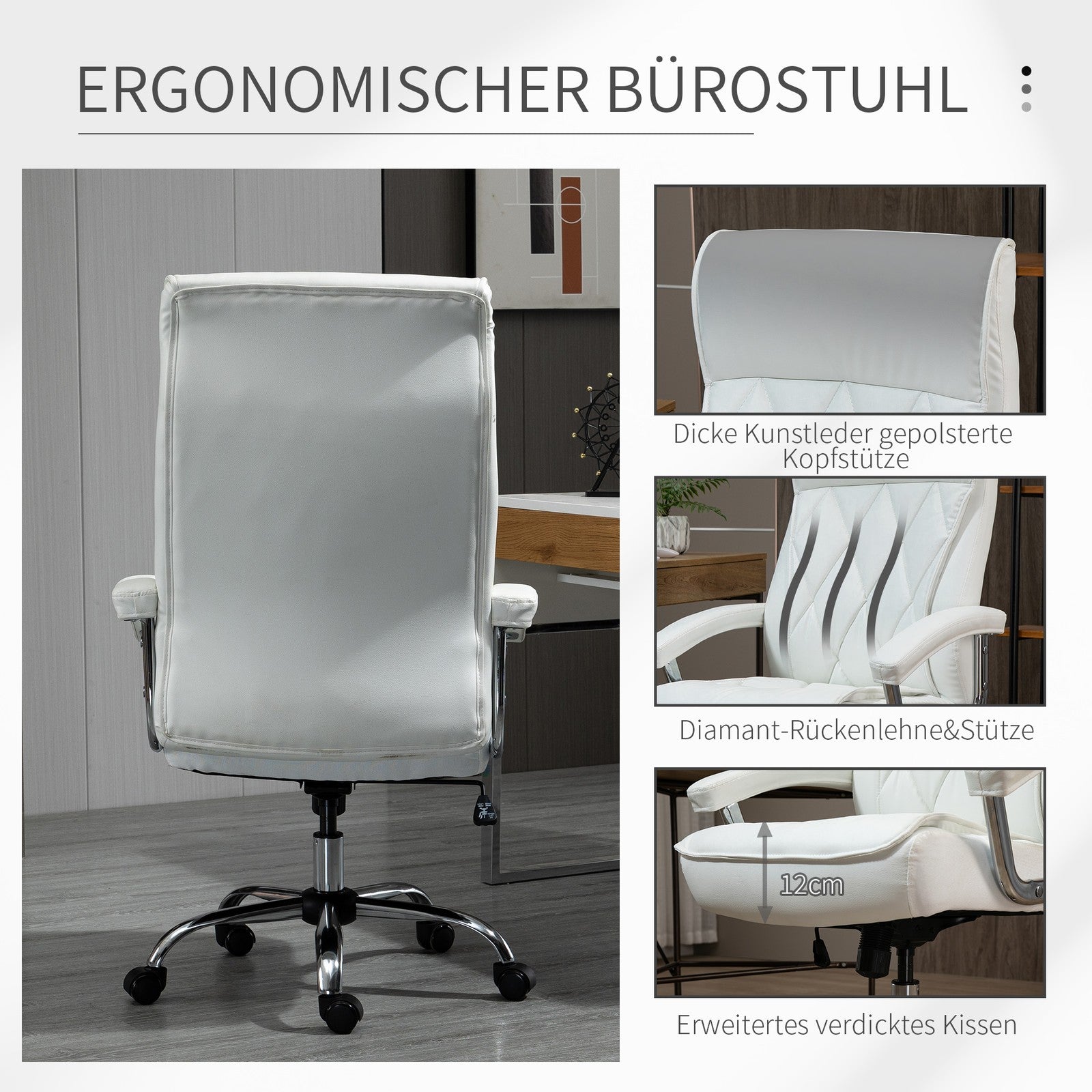 Vinsetto Bürostuhl Drehstuhl Einstellbar Rautenmuster Modern Pu-Kunstleder Weiß