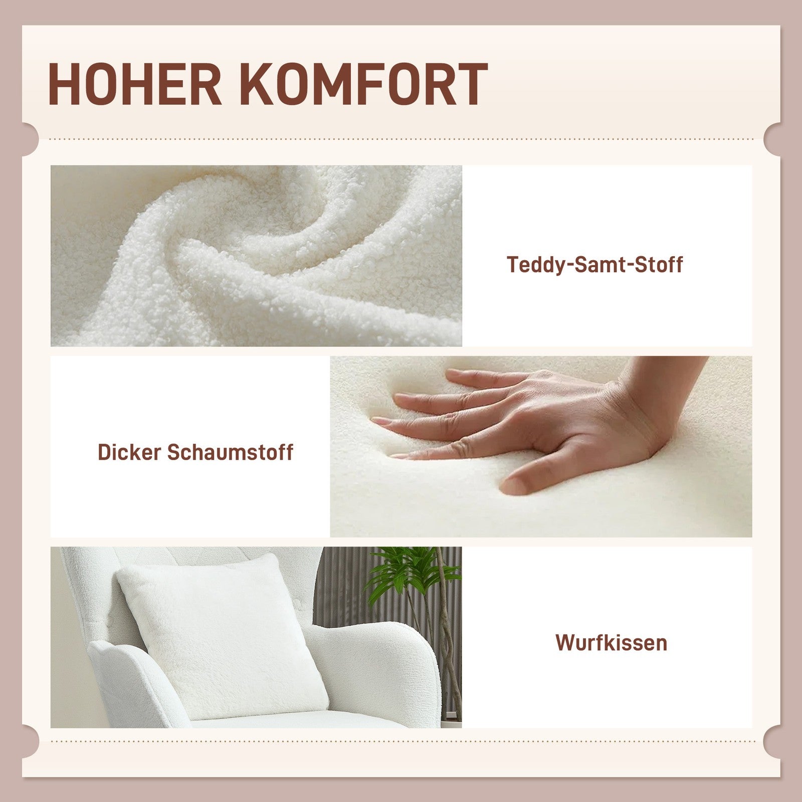HOMCOM Sessel Loungesessel Mit Kissen Geplostert Teddy Sessel Mit Holzbeine Weiß