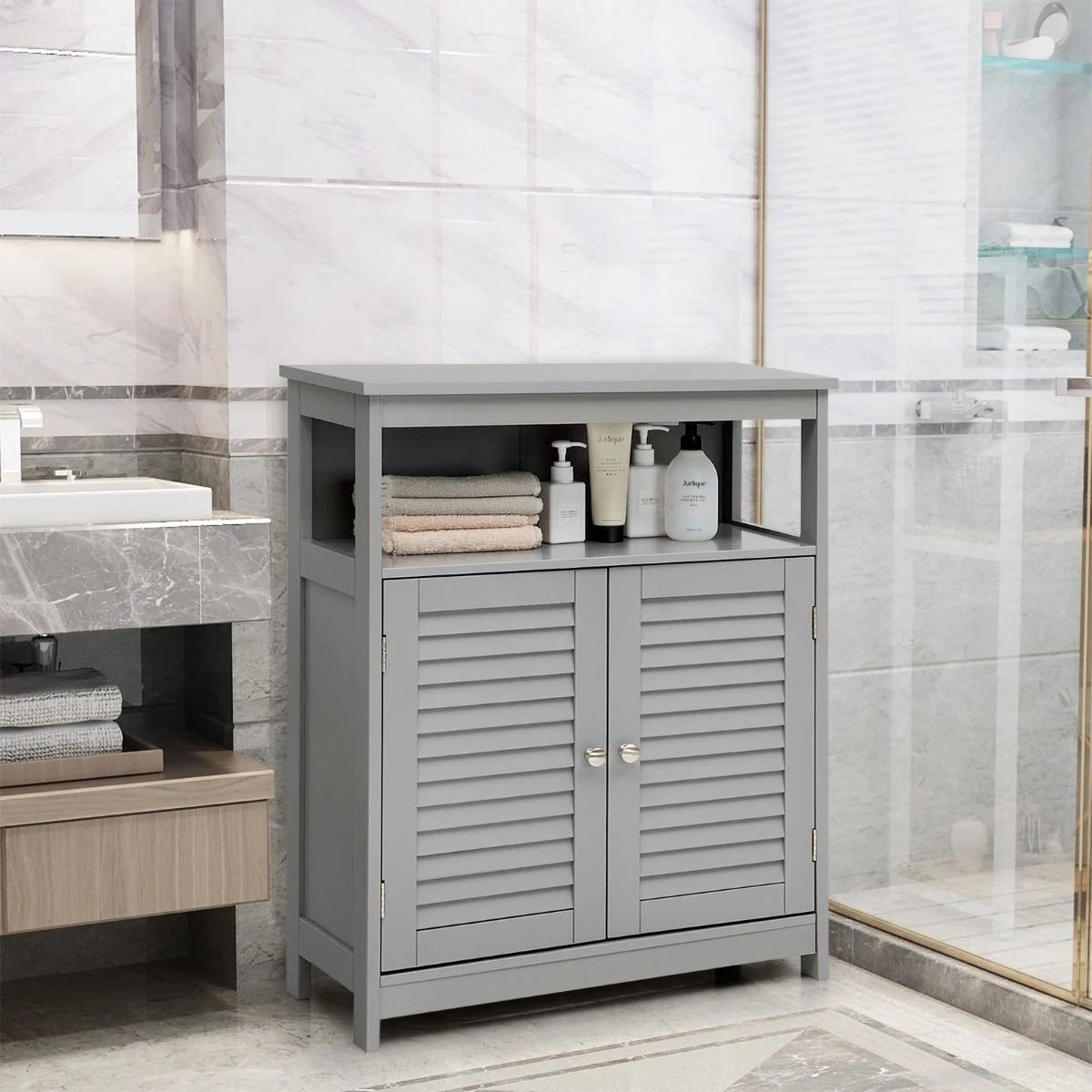 Badezimmer Schrank Freistehender Badschrank Aufbewahrungsschrank Grau/Schwarz/Weiß