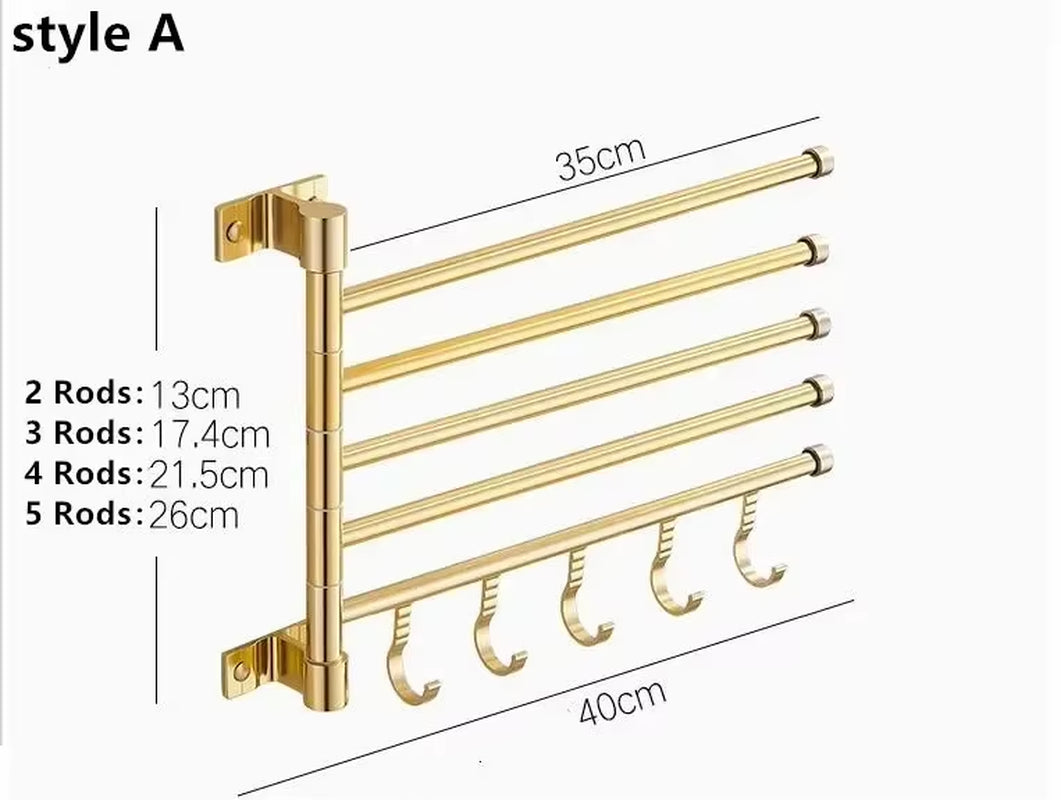 Golden Light Luxury Aluminum Wall Mounted Rotating Towel Rack Bath Rail Hanger Towel Holder Bathroom Accessories Storage Rack