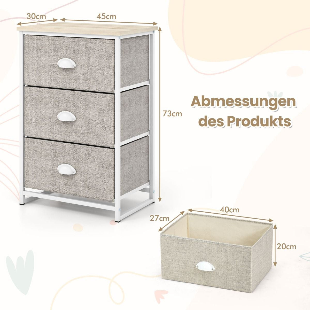 Kommode Mit 3 Schubladen Stoffkommode Mit Metallgestell & Tischplatte 45 X 30 X 73 Cm Weiß + Hellgrau