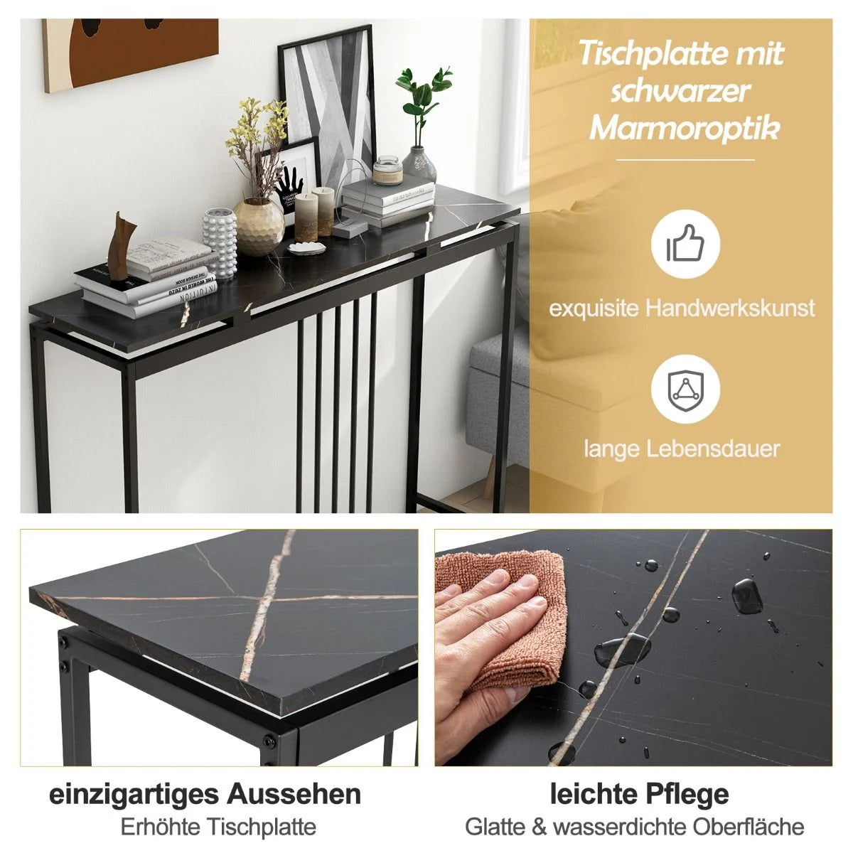 Konsolentisch Sofatisch Aus Kunstmarmor 120 X 30 X 90 Cm Schwarz