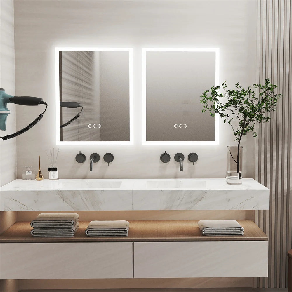 LED Mirror Bathroom Wall Mounted Smart Touch Vanity Makeup Mirror with 3 Color Dimmable Defog