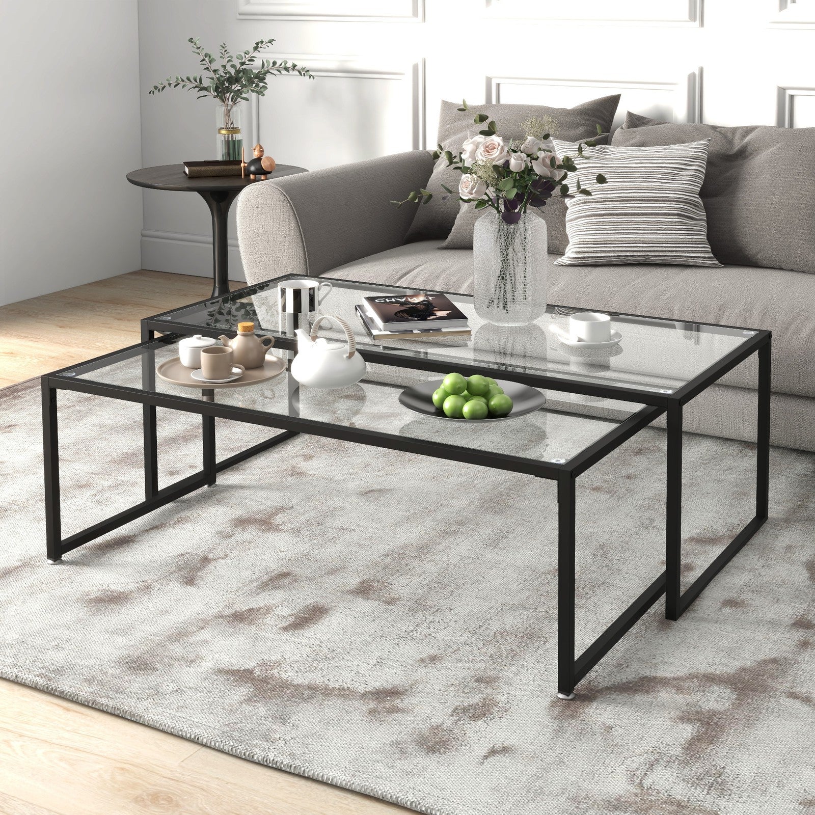 HOMCOM Couchtisch 2Er-Set Beistelltisch, Kaffeetisch, Satztisch, Stahl, Schwarz