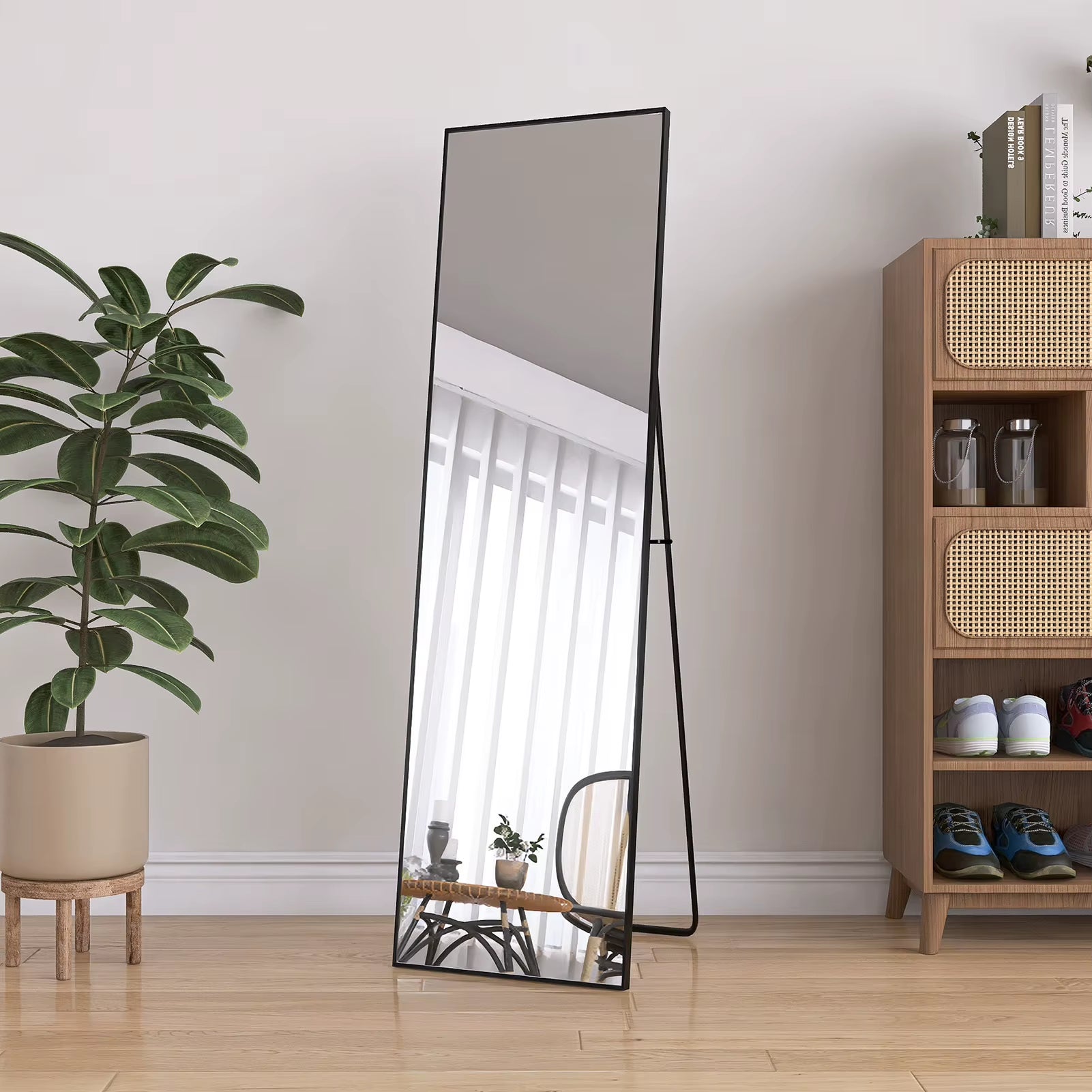Tempered Glass Floor Mirror 140X40Cm Black