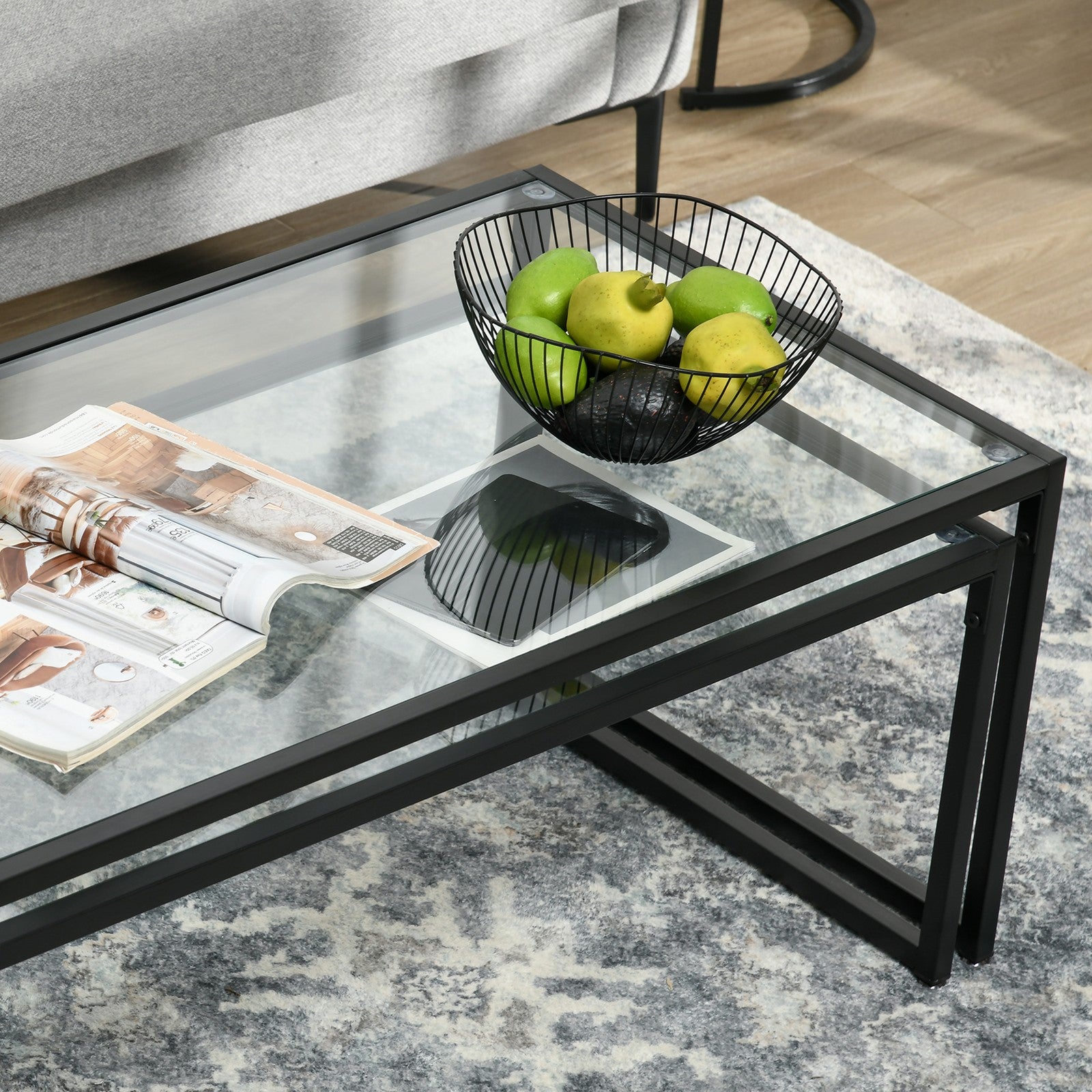 HOMCOM Couchtisch 2Er-Set Beistelltisch, Kaffeetisch, Satztisch, Stahl, Schwarz
