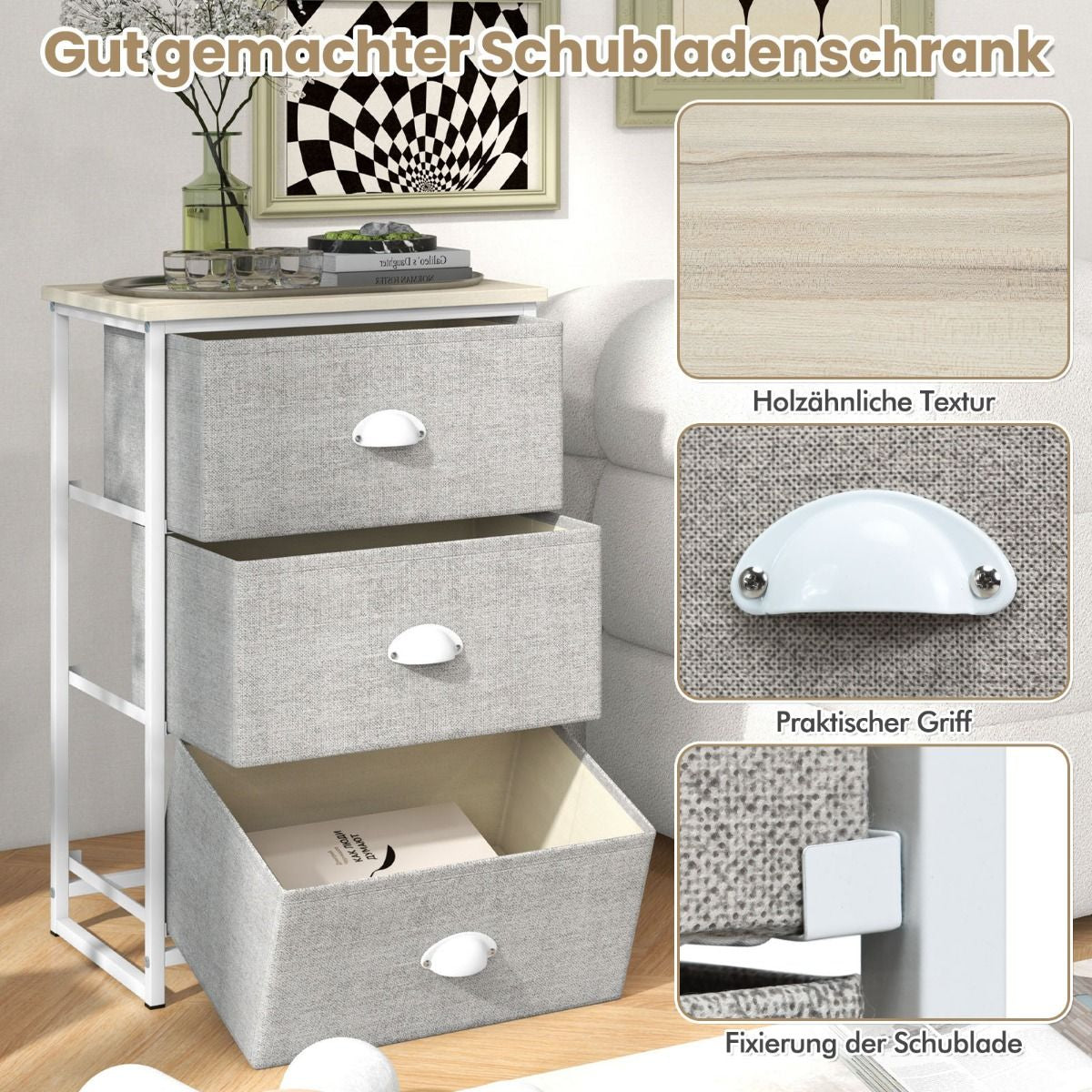Kommode Mit 3 Schubladen Stoffkommode Mit Metallgestell & Tischplatte 45 X 30 X 73 Cm Weiß + Hellgrau