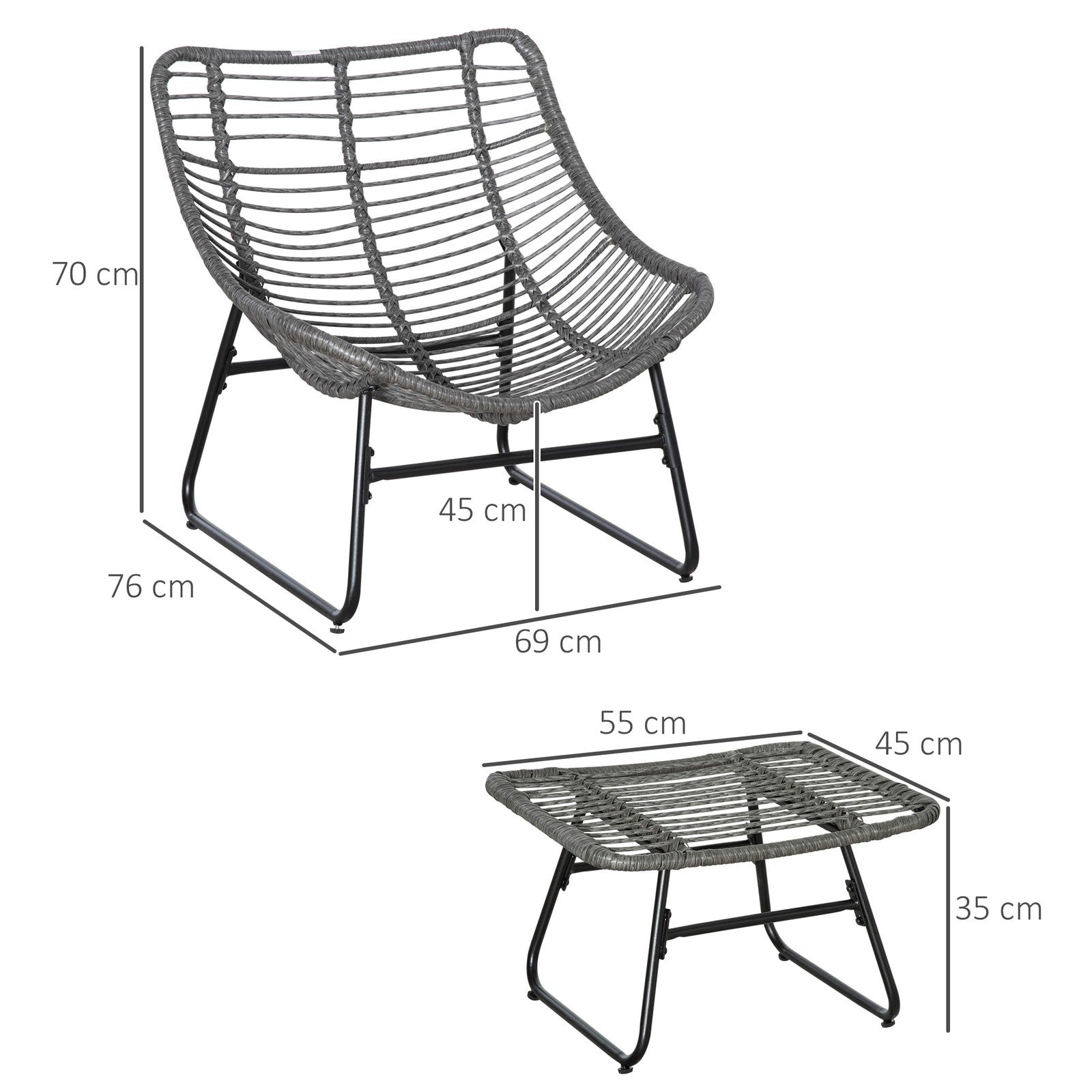 Rattan Relaxsessel Mit Fußhocker Kissen Gartensessel Outdoor Stahl Grau