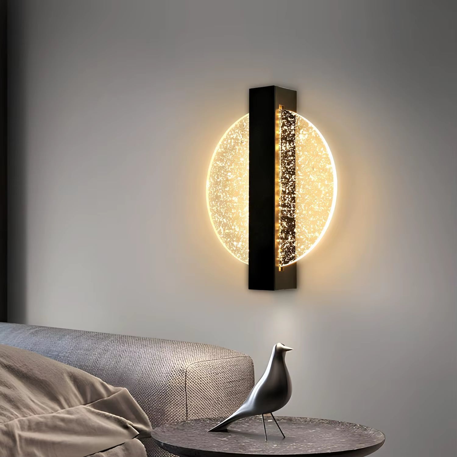 Modern LED Wall Light with Silver Leaf, round Black, Acrylic, Warm Light 3500K, for Bedroom Living Room